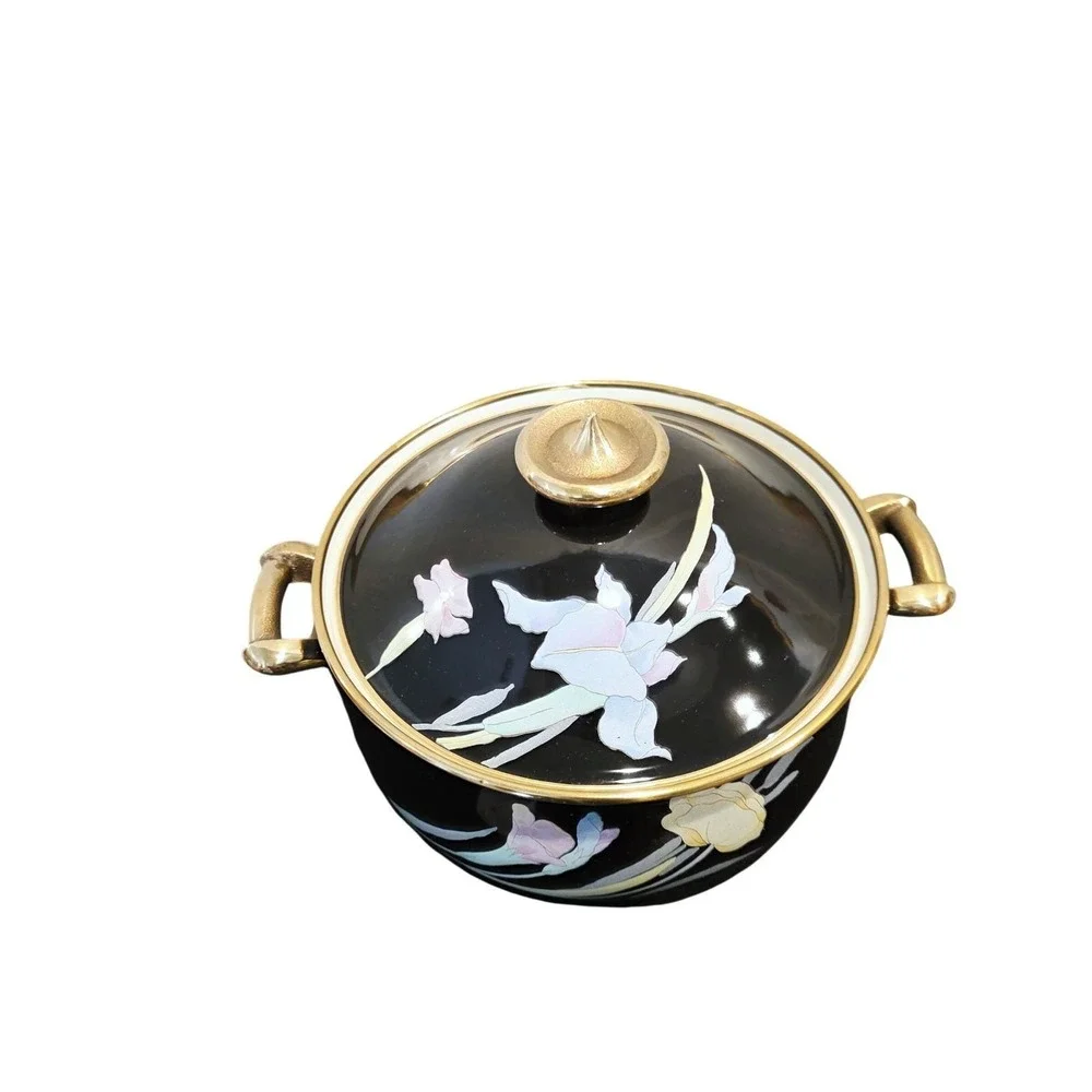 Mikasa Black Enamel Dutch‎ Oven, Floral Iris Pattern, Lidded Pot, Japanese Made